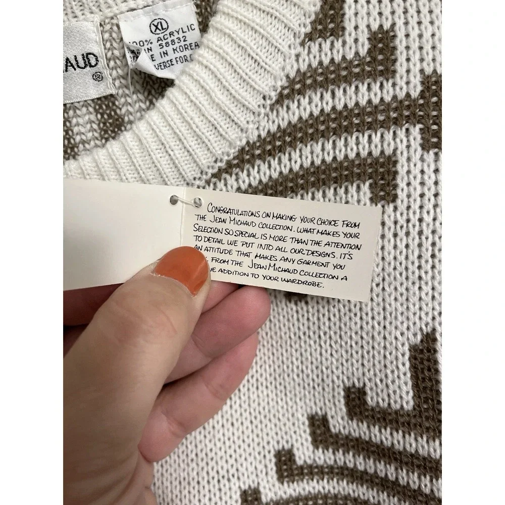 80s 90s Jean Michaud Sweater All Over Print White Brown XL NWT Knit